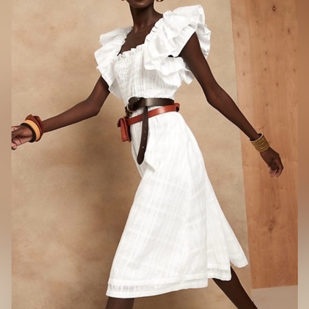 Banana Republic— Smocked Ruffle Midi White Dress. Size S. Originally $179